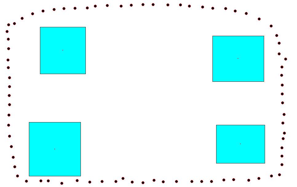 Fig. 1. A group of 80 robots synthesizing a complex shape (letter G ) while avoiding obstacles. Robots are represented by the small circles. the execution of the task.