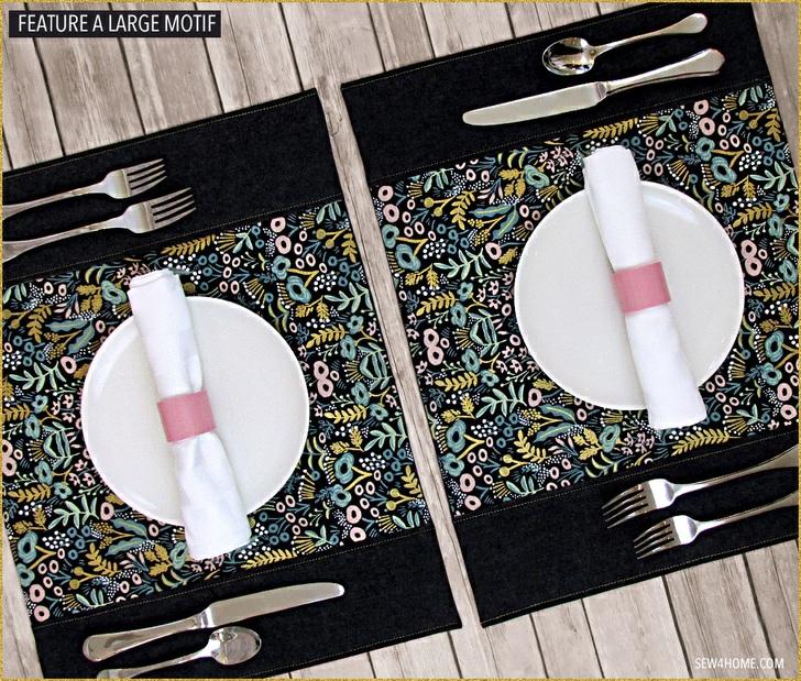 Published on Sew4Home Panel Place Mats with Large Motif Fabric Editor: Liz Johnson Monday, 08 January 2018 1:00 By emphasizing a large motif and using a contrasting fabric for the borders, this place