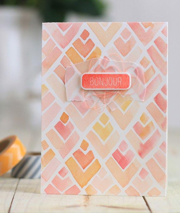 8 Bonjour by Dawn Woleslagle Card size: 4" x 52" Instructions 1. Score a strip of watercolor paper to create a 4" x 52" top-folding card. Do not fold at this time.