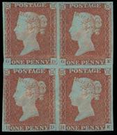block of four used with two strikes of English 869 numerals, each contrary to regulations, mixed margins and creasing in places but a scarce attractive trio. S.G. Spec. BS28. Photo on page 60.