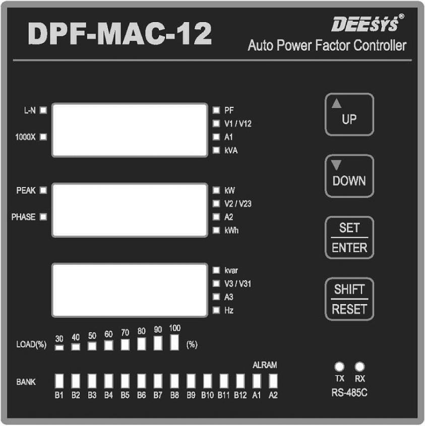DISPLAY Part names and functions DPF-MAC Front PARAMETER LED Number window Load LED Output LED 0.98 380 220 UP KEY DOWN KEY Set-up/ Confirm KEY Digit shift Number / RESET KEY Comm.