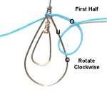 Step 2: Use the right half of the cord to tie the first half of the Larks Head knot, as follows: Pass the cord over and