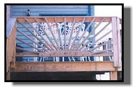 The sunburst deck railing design works best with upright post spacing of 4-5 feet between posts.