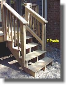 Handrail construction is identical to rail construction except you cut the T posts at an angle on top to receive the top rail.