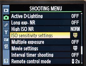 Press the right arrow and then move down to ISO sensitivity settings. Press the right arrow twice and set ISO sensitivity to 200 by moving up or down to 200 and press OK.
