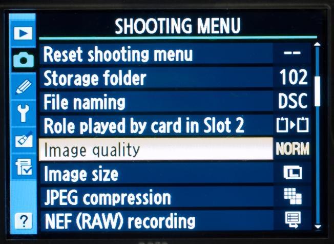 Set Photo Quality Press the left arrow to return to the shooting menu, then press the down