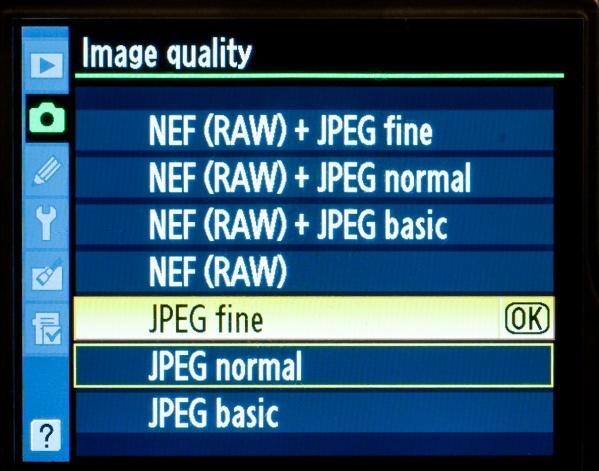 Press the right arrow key then the up arrow to highlight JPEG fine. Press OK.