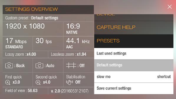 SETTINGS PANEL SPECIAL PRESETS Last used settings will return the settings configuration to how it was before opening