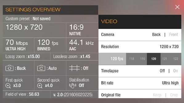 SETTINGS PANEL FRAME RATE The available frame rates are determined by the resolution setting. If you need to use a higher frame rate for slow motion effects try lowering the resolution first.