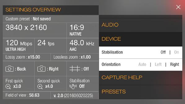 SETTINGS PANEL DEVICE ORIENTATION Choose between Auto, Left or Right device orientations.