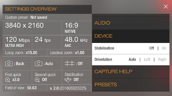 SETTINGS PANEL STABILIZATION Stabilization can be switched on or off.