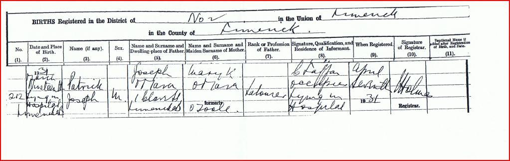 Birth Certificate Patrick