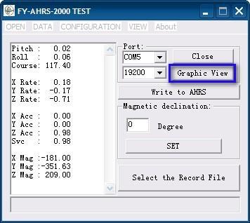 Select the serial port used to connect in the "Port" field, such as: "COM1"; in the "Rate" field select the baud rate as "19200"; FY-AHRS-2000B connected to the default wave special rate of 19200, a