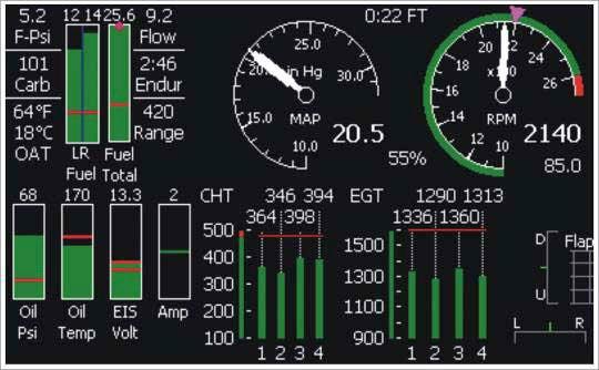 Temps Figure 7.6 EGT Figure 7.3 and 7.4 History Figure 7.7 Bars Stats Figure 7.8 Dials Figure 7.9 Figure 7.9 Engine Dials The Engine Dials page allows certain parameters to be viewed in a dial format.