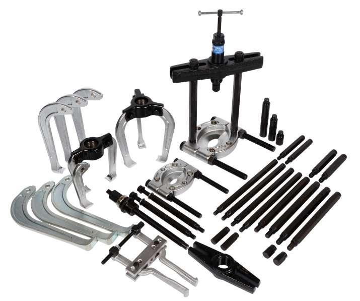 HYDRAULIC PULLERS HYDRAULIC INTERNAL EXTRACTOR, PULLER & SEPARATOR KIT - MASTER SET Makes 8 different twin/triple leg pullers, plus heavy duty bearing separator kit and internal extractor kit.