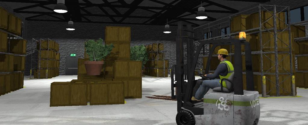 Forklift in Warehouse This sample provides a three-wheel forklift with pallets and boxes to move around in a warehouse. This is a basic example to demonstrate Vortex principles.