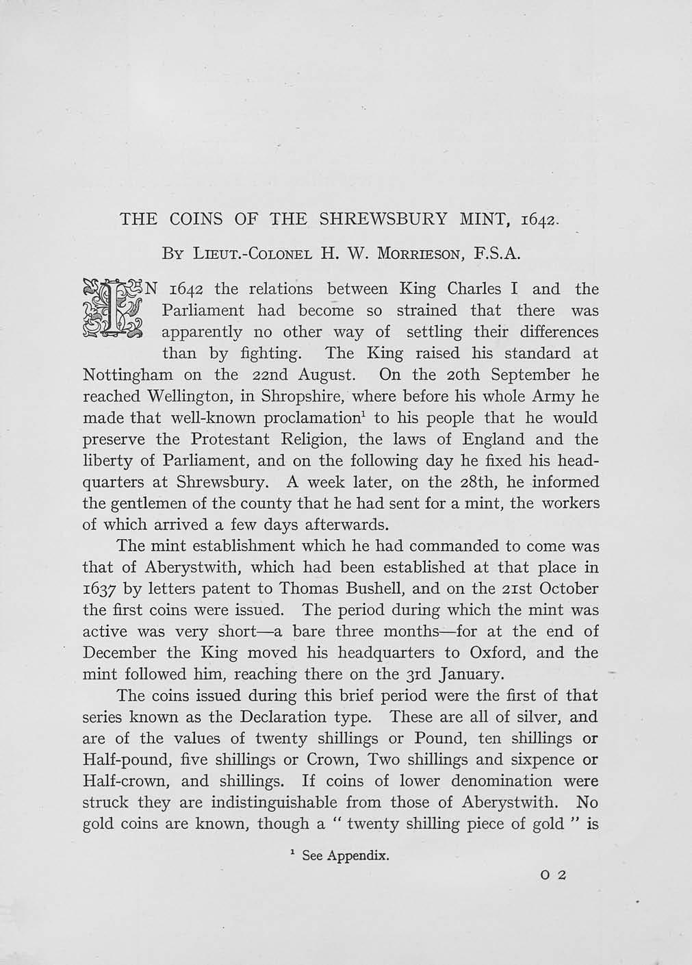 THE COINS OF THE SHREWSBURY MINT, 1642. BY LIEUT.-COLONEL H. W. MORRIESON, F.S.A.