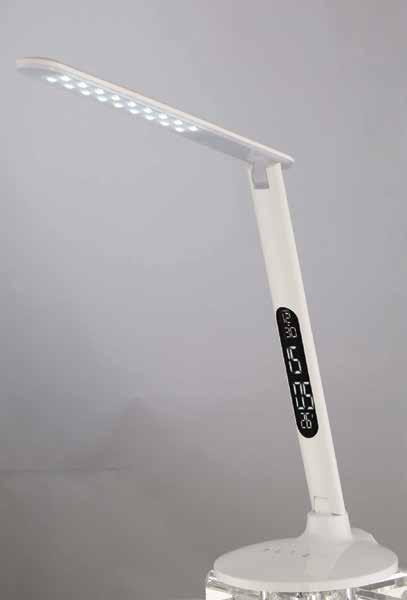 LED Desk Lamp 57-043 White 57-044 Black Features LED efficiency uses only 8 Watts Built-in clock with alarm, calendar and temperature display Built-in USB port Simple