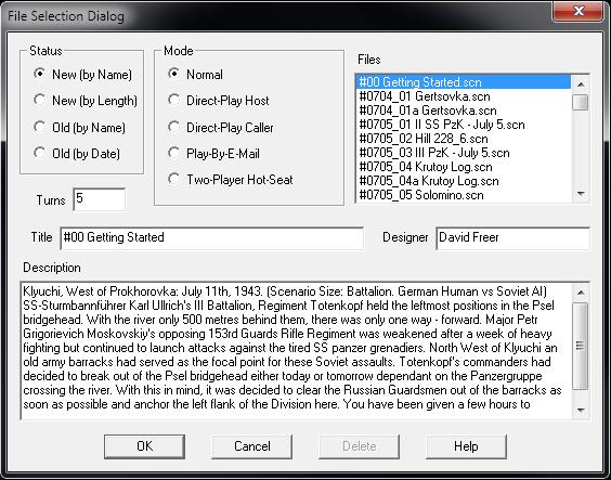 SCENARIO SELECTION Start Panzer Battles Kursk, if you haven t already and you will be taken to the File Selection Dialog. Click the scenario #00_Getting_Started and then OK.