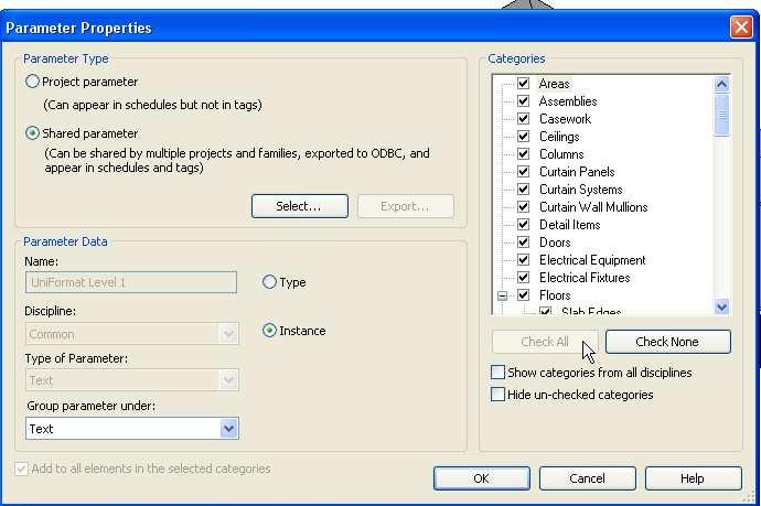 Ensure that the Instance option button is selected, then In the Categories section, use the checkbox to select those categories that the parameter applies to (In this example