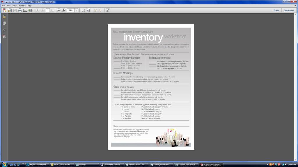 New Independent Beauty Consultant Inventory Worksheet Before reviewing the ordering options featured in this brochure, you may want to complete this inventory worksheet with Lynn.
