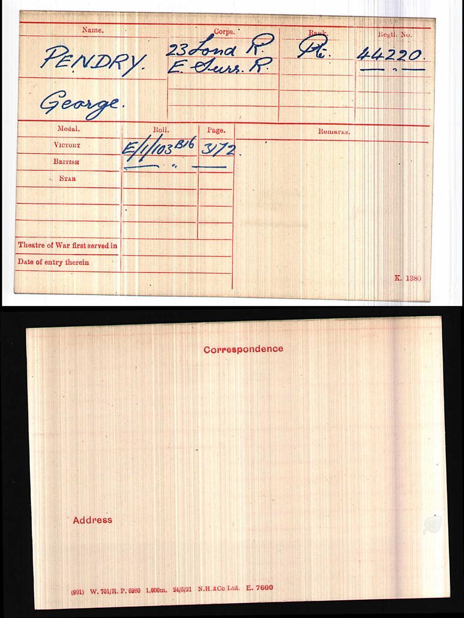 As you can see from his medal roll card George fought with the London and East Surrey Regiments.