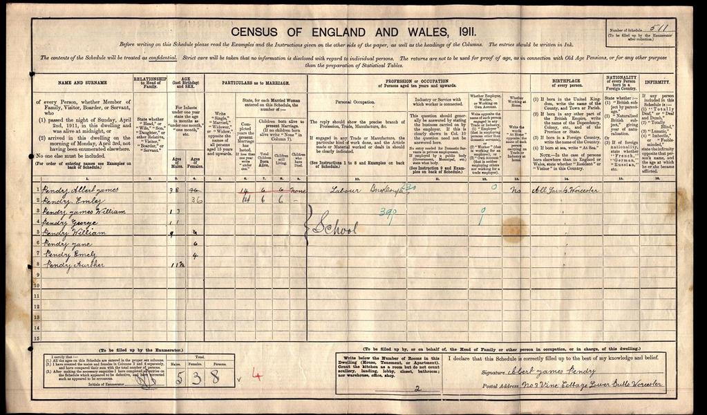 The 1901 census shows that George Pendry was living with his family in Annis Court, Dolday. His father was a bricklayer and labourer.