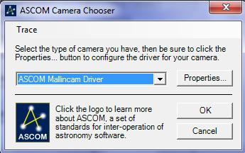 Step 6 Choose ASCOM Mallincam Driver from the pull down selector.