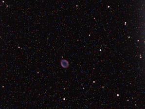 M57, 20 Seconds exposure, VRC 6", F/4.5 with MallinCam 0.5X focal reducer, NO Dark Field Correction. No processing, as seen live on monitor. Single frame. M57, 20 Seconds exposure, VRC 6", F/4.