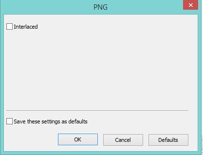 PNG Interlaced Save these setting as defaults The default is unchecked. When saving a file, the current settings will be saved as defaults for the next file save operation.