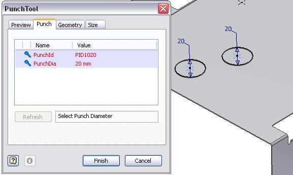Description of Inserting Sheet Metal Punch ifeatures When you insert a sheet metal punch ifeature, you use the PunchTool tool to punch a 3D shape into a sheet metal face.