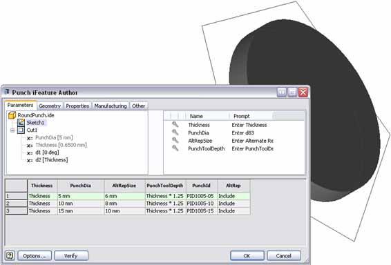 Authoring Table-Driven Punch ifeatures When you have extracted a sheet metal punch ifeature, you can create a family of punches that are driven by a table.