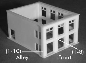 Attach parts (1-10) on the back and alley sides of the building. They should be flush with the corners. Make sure that the corners meet before glueing. See figure 8.