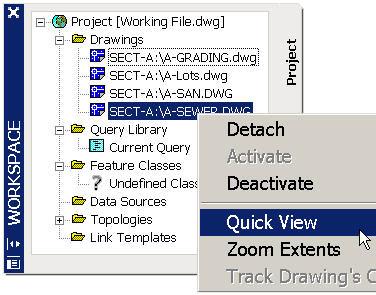 Zooming and Viewing the Source Drawings You can review the contents of one or more active source drawings by using Quick View. You can then decide which objects you want to query.