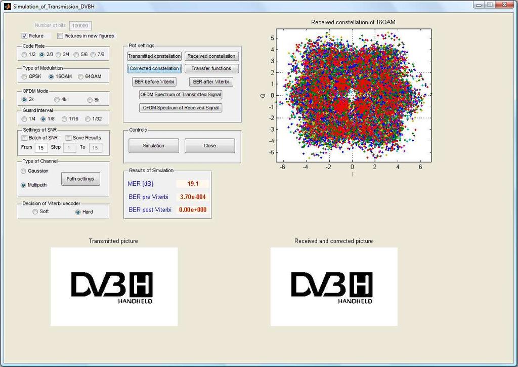 Figure 2: Main window of the MATLAB application for the DVB-H simulation. It is visible in the Fig 3. that in table Settings of SNR it is given the value of the Signal-to-Noise Ratio in db.