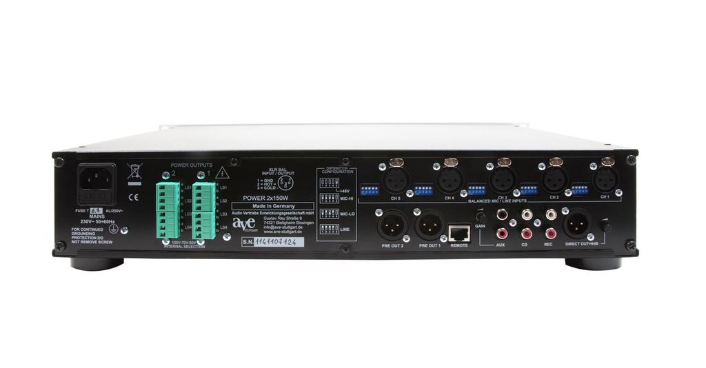 12 11 10 13 9 1 2 3 4 5 6 7 8 1. PRE OUT 1 and 2 connection for additional amplifiers 0 db. 2. Optional remote control 3. Sensitivity control AUX 4.