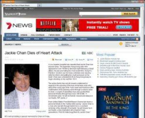 Hoaxes A hoax is an act intended to deceive or trick. The example below shows a website that published the death of a famous movie star.