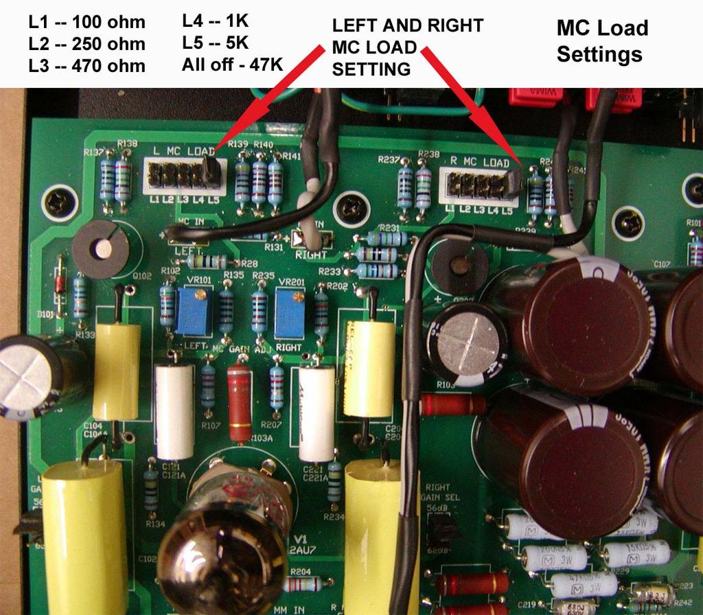 6. Selecting MC Load: Locate the MC Load jumpers across the top edge of the PC board in the locations labeled L MC LOAD and R MC LOAD.