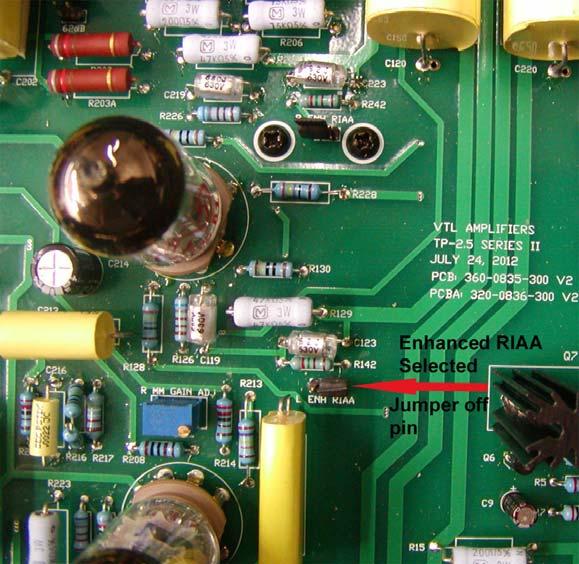 For Enhanced RIAA, left the header off of a pin in both locations. See photo below. 8. Replace the cover Put the cover of the preamplifier back onto the unit, insert and tighten all screws. 9.
