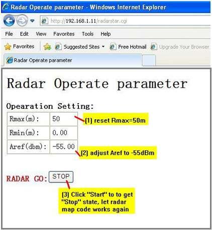 4-6-3) After input new radar parameters, click START button to save parameters and turn the radar map on. The START key will change to STOP state. Fig 3.