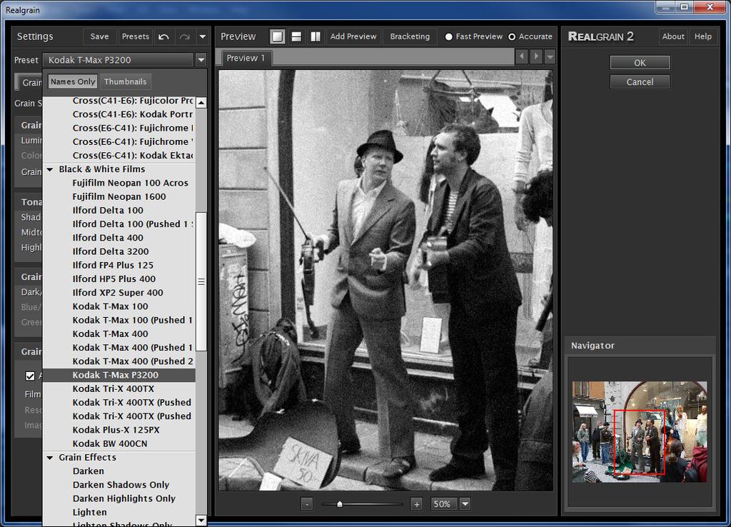 Basic Use Using Predefined Presets In addition to the "Default/Reset" setting, Realgrain provides a comprehensive precision preset library for most popular color and B&W films, split toning, grain