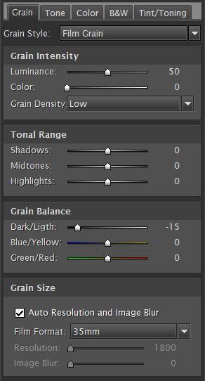 Realgrain 2 Plug-in User's Guide FINE-TUNING GRAININESS Filter controls Realgrain provides a number of presets that simulate the different kinds of films and effects that reflect the unique grain
