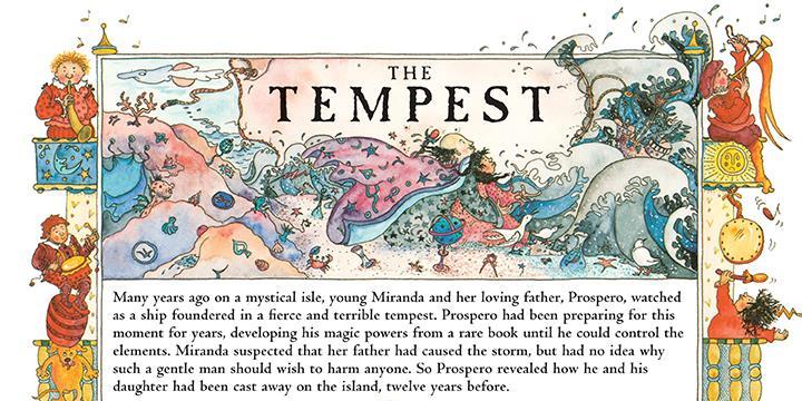 When the reader gets the page of The Tempest, the first image which attract the attention is the one with the title, an image which summarise all the narration: Prospero, Miranda, and a little bit