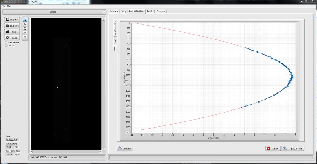 3.4.2. Graph Figure 12: Lens Calibration Graph. This tab contains a graph that shows the real height in meters versus the measured pixels from the camera.