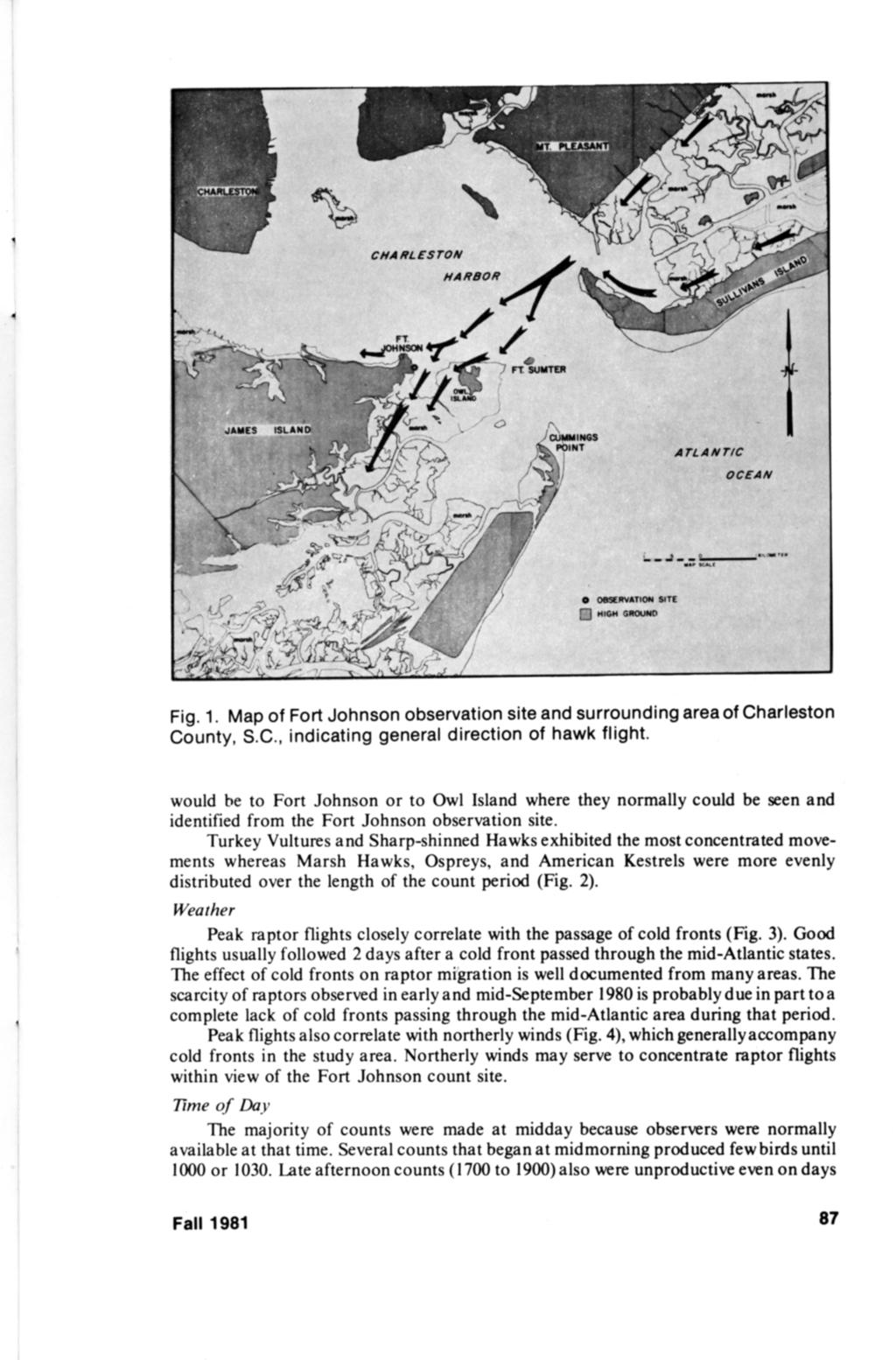 Fig. 1. Map of Fort Johnson observation site and surrounding area of Charleston County, S.C., indicating general direction of hawk flight.