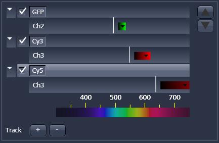 15 Imaging Setup tool for a single track (LSM) Activation / deactivation of the excitation wavelengths (check box) and setting of excitation intensities (slider).