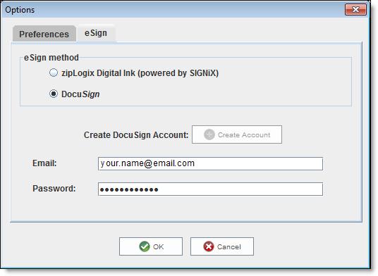 Select DocuSign and type the Email and Password used to log on to your DocuSign account. Click OK. Your credentials are now set up and you can send documents for signing using DocuSign.