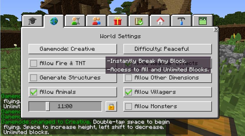 Teacher tasks Set gamemode to creative Open the Teacher menu by pressing m. In the World Settings tab choose Gamemode: Creative and Difficultly: Peaceful.