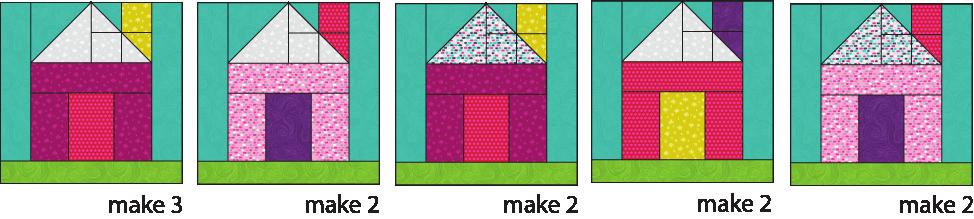 Sew (2) 2 ½ x 11 Fabric E strips, (1) EF large unit, (1) EF small unit, (1) 2 ½ Fabric I square,