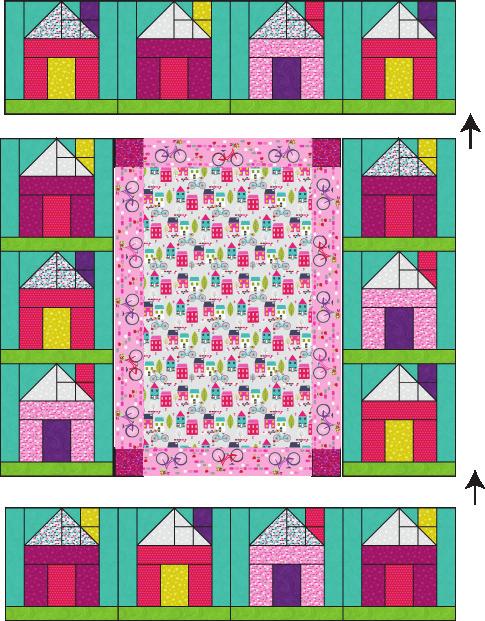 Sew (3) house blocks together to make a side border. Repeat to make a second side border.